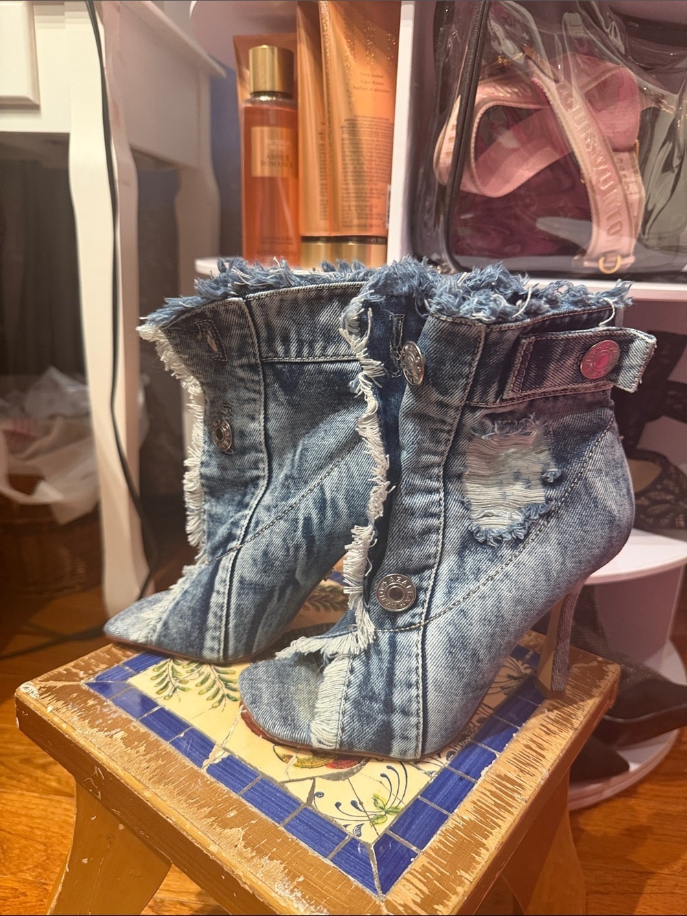 Distressed Denim High Heel Ankle Boots - Blue